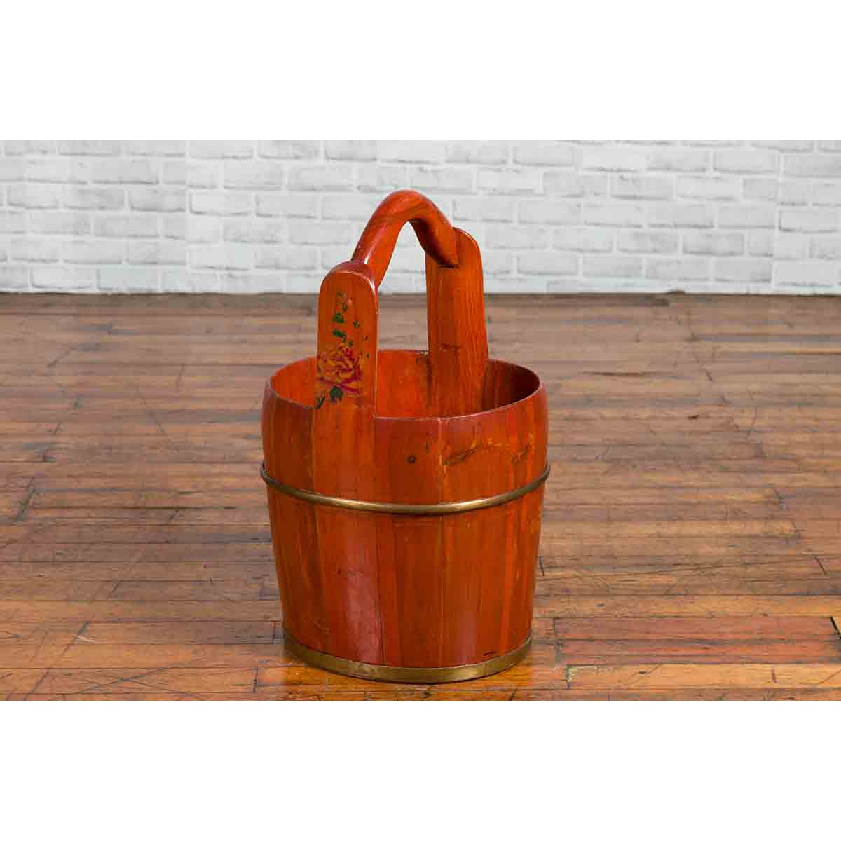 Chinese Rustic Wooden Bucket with Large Handle and Painted Floral Motifs-7. Asian & Chinese Furniture, Art, Antiques, Vintage Home Décor for sale at FEA Home