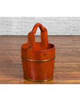 Chinese Rustic Wooden Bucket with Large Handle and Painted Floral Motifs-7. Asian & Chinese Furniture, Art, Antiques, Vintage Home Décor for sale at FEA Home