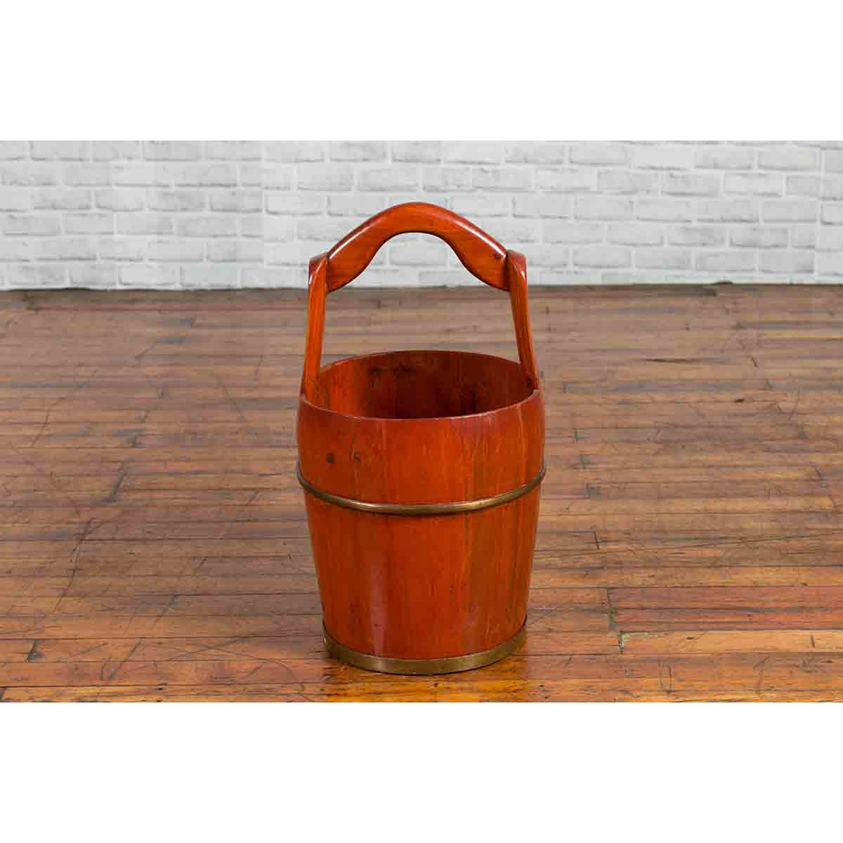 Chinese Rustic Wooden Bucket with Large Handle and Painted Floral Motifs-8. Asian & Chinese Furniture, Art, Antiques, Vintage Home Décor for sale at FEA Home