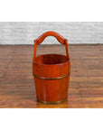 Chinese Rustic Wooden Bucket with Large Handle and Painted Floral Motifs-8. Asian & Chinese Furniture, Art, Antiques, Vintage Home Décor for sale at FEA Home