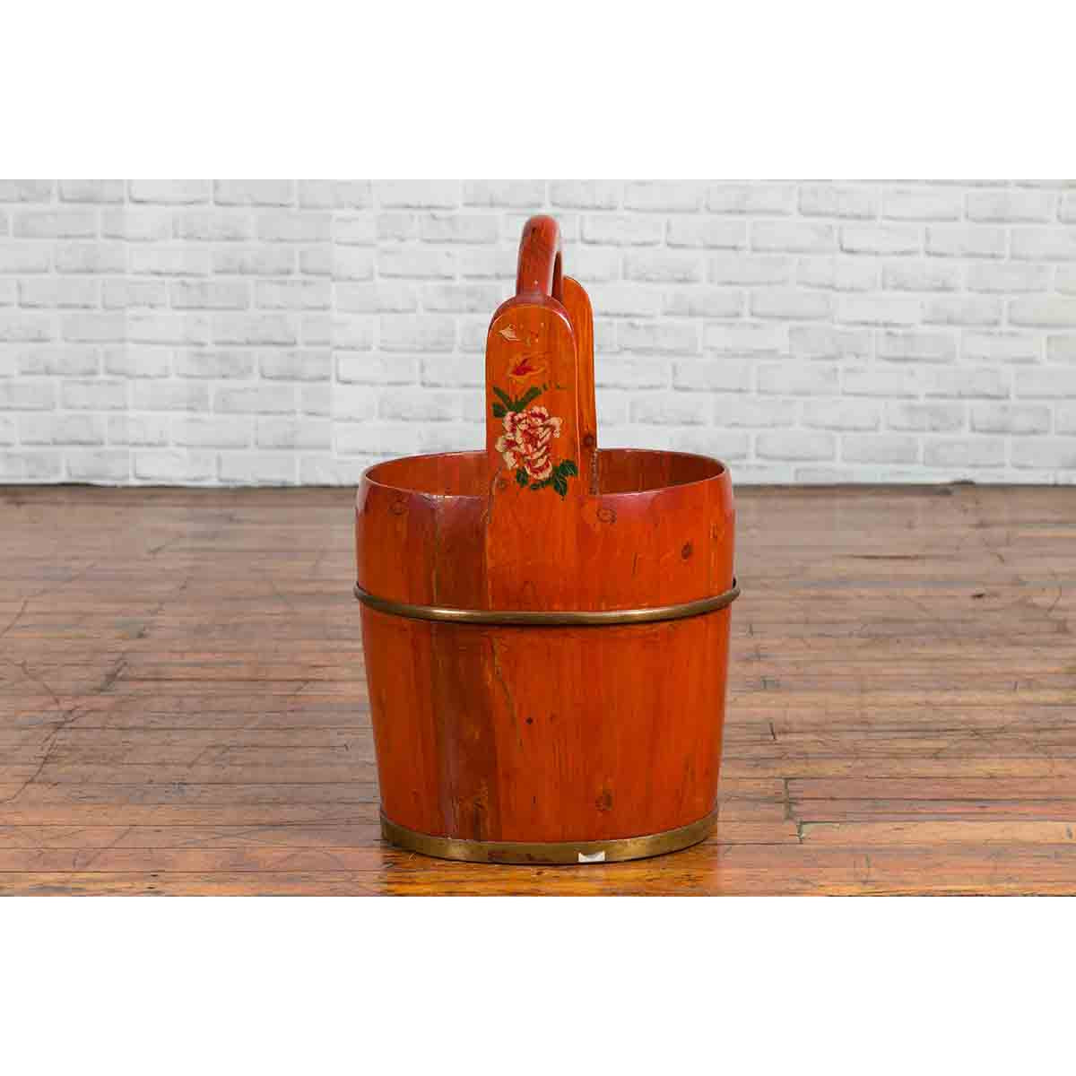 Chinese Rustic Wooden Bucket with Large Handle and Painted Floral Motifs-10. Asian & Chinese Furniture, Art, Antiques, Vintage Home Décor for sale at FEA Home