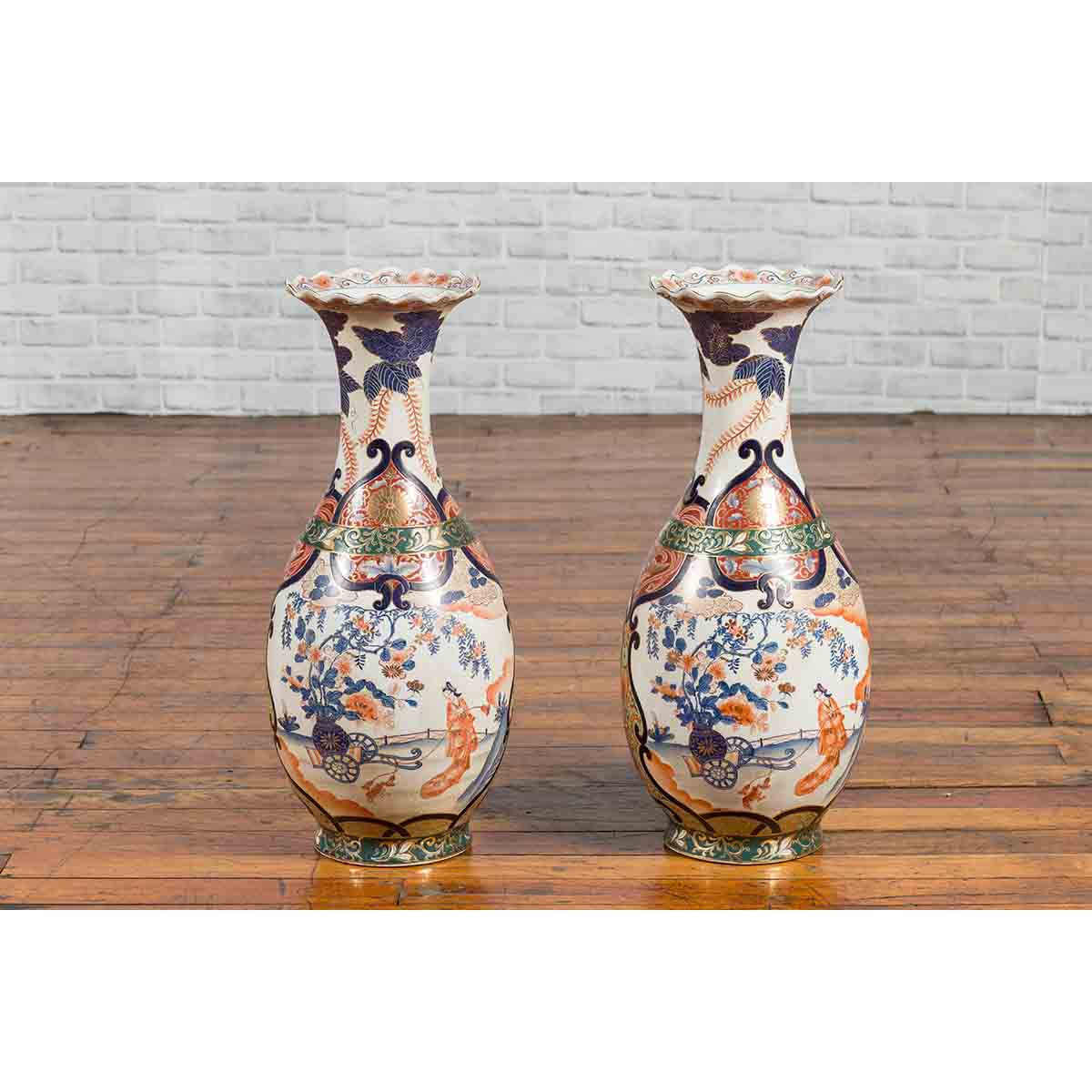 Pair of Chinese Arita Style Palace Vases with Blue, Orange, Green and Gold Decor-12. Asian & Chinese Furniture, Art, Antiques, Vintage Home Décor for sale at FEA Home