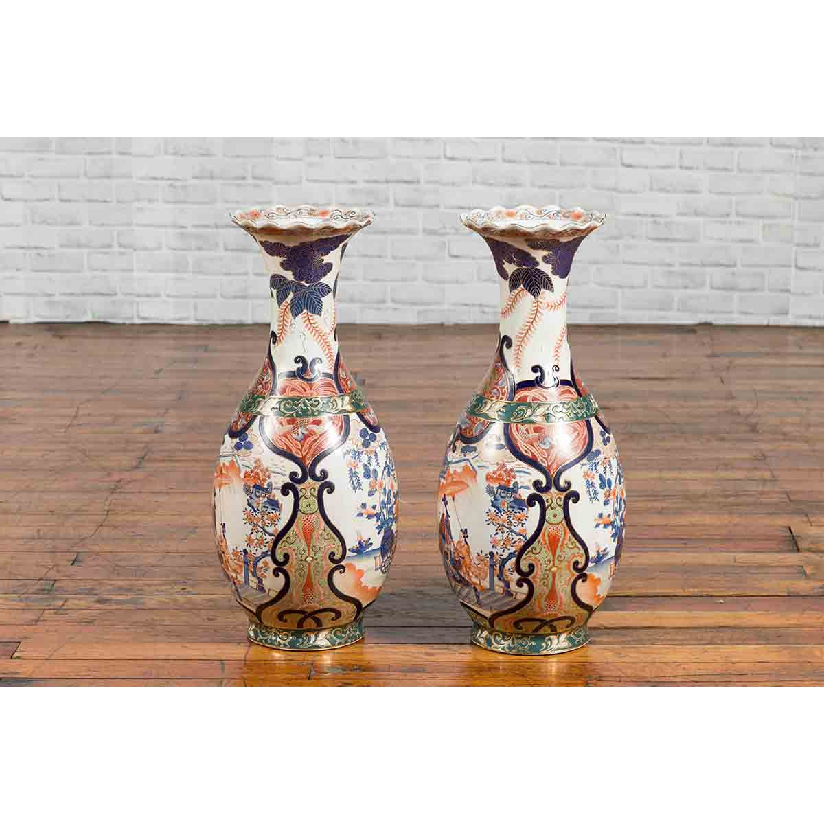 Pair of Chinese Arita Style Palace Vases with Blue, Orange, Green and Gold Decor-13. Asian & Chinese Furniture, Art, Antiques, Vintage Home Décor for sale at FEA Home