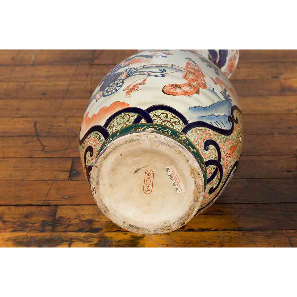 Pair of Chinese Arita Style Palace Vases with Blue, Orange, Green and Gold Decor-15. Asian & Chinese Furniture, Art, Antiques, Vintage Home Décor for sale at FEA Home