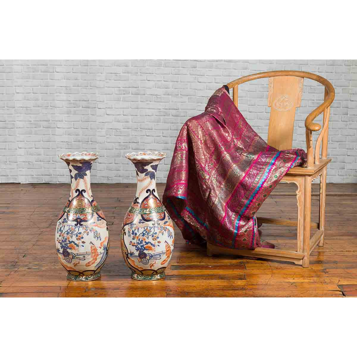 Pair of Chinese Arita Style Palace Vases with Blue, Orange, Green and Gold Decor-3. Asian & Chinese Furniture, Art, Antiques, Vintage Home Décor for sale at FEA Home