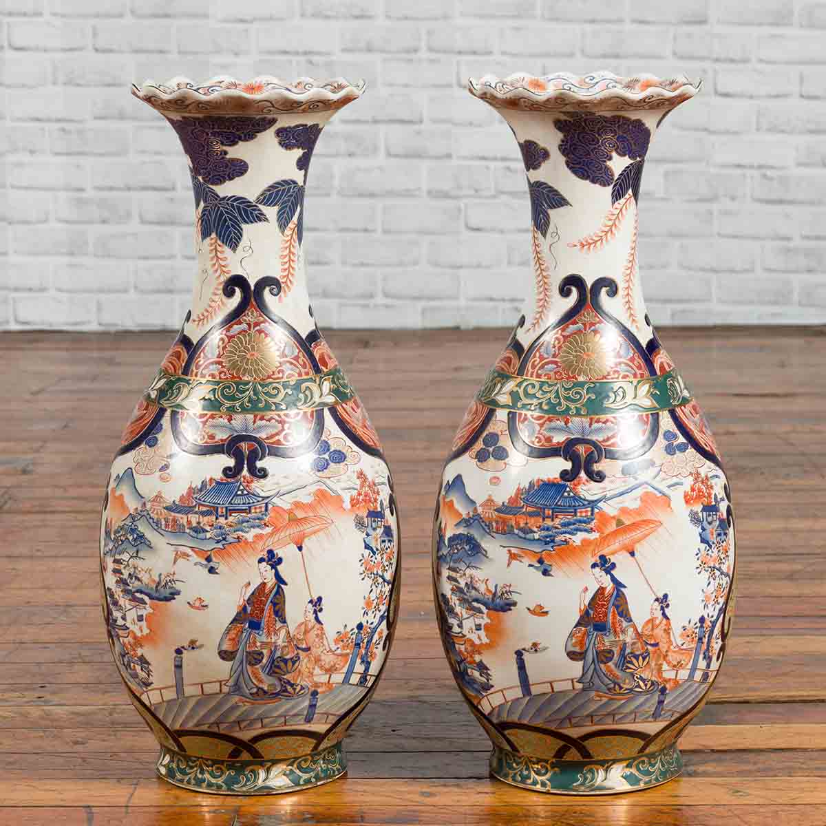 Pair of Chinese Arita Style Palace Vases with Blue, Orange, Green and Gold Decor-2. Asian & Chinese Furniture, Art, Antiques, Vintage Home Décor for sale at FEA Home