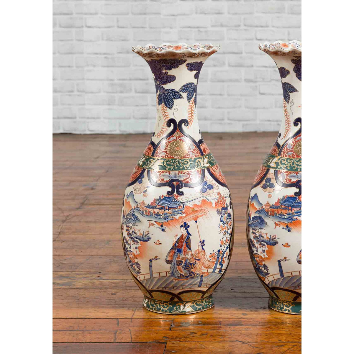 Pair of Chinese Arita Style Palace Vases with Blue, Orange, Green and Gold Decor-4. Asian & Chinese Furniture, Art, Antiques, Vintage Home Décor for sale at FEA Home