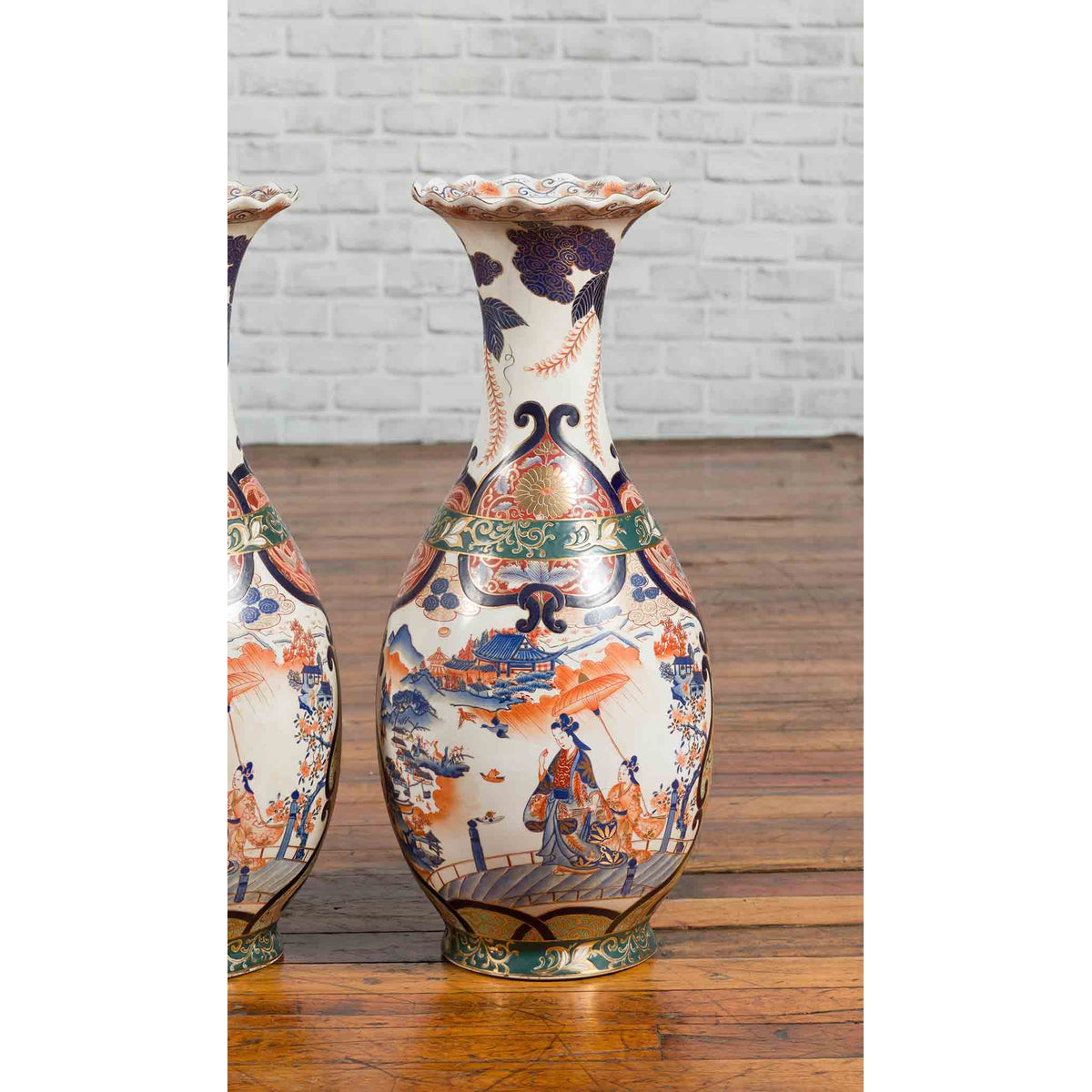 Pair of Chinese Arita Style Palace Vases with Blue, Orange, Green and Gold Decor-5. Asian & Chinese Furniture, Art, Antiques, Vintage Home Décor for sale at FEA Home