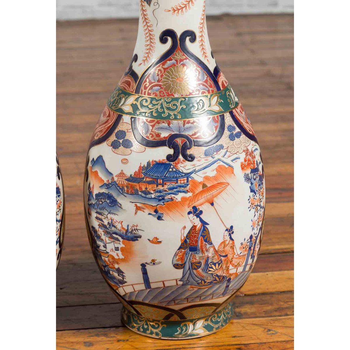 Pair of Chinese Arita Style Palace Vases with Blue, Orange, Green and Gold Decor-9. Asian & Chinese Furniture, Art, Antiques, Vintage Home Décor for sale at FEA Home