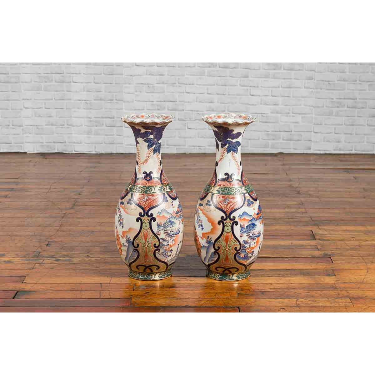 Pair of Chinese Arita Style Palace Vases with Blue, Orange, Green and Gold Decor-11. Asian & Chinese Furniture, Art, Antiques, Vintage Home Décor for sale at FEA Home