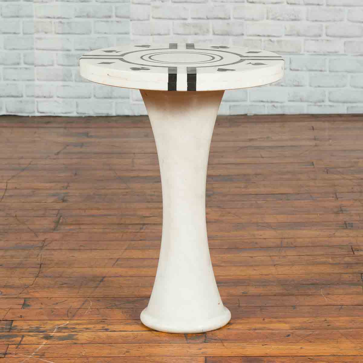 White Marble Side Table with Poker Design Round Top and Pedestal Hourglass Base-2. Asian & Chinese Furniture, Art, Antiques, Vintage Home Décor for sale at FEA Home