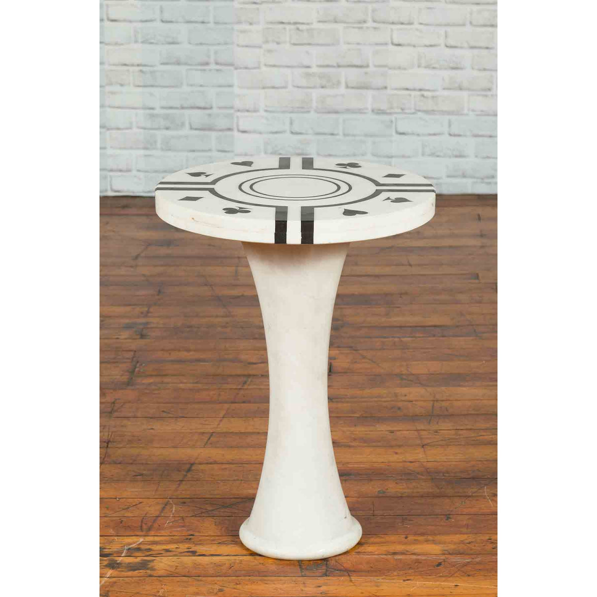 White Marble Side Table with Poker Design Round Top and Pedestal Hourglass Base-3. Asian & Chinese Furniture, Art, Antiques, Vintage Home Décor for sale at FEA Home