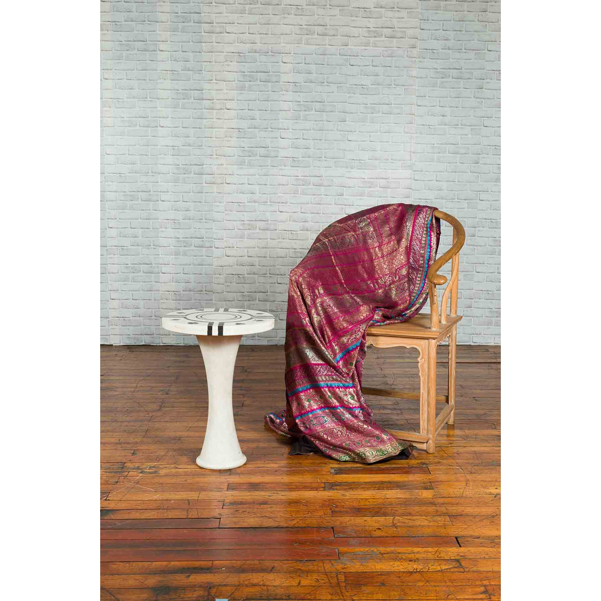 White Marble Side Table with Poker Design Round Top and Pedestal Hourglass Base-4. Asian & Chinese Furniture, Art, Antiques, Vintage Home Décor for sale at FEA Home