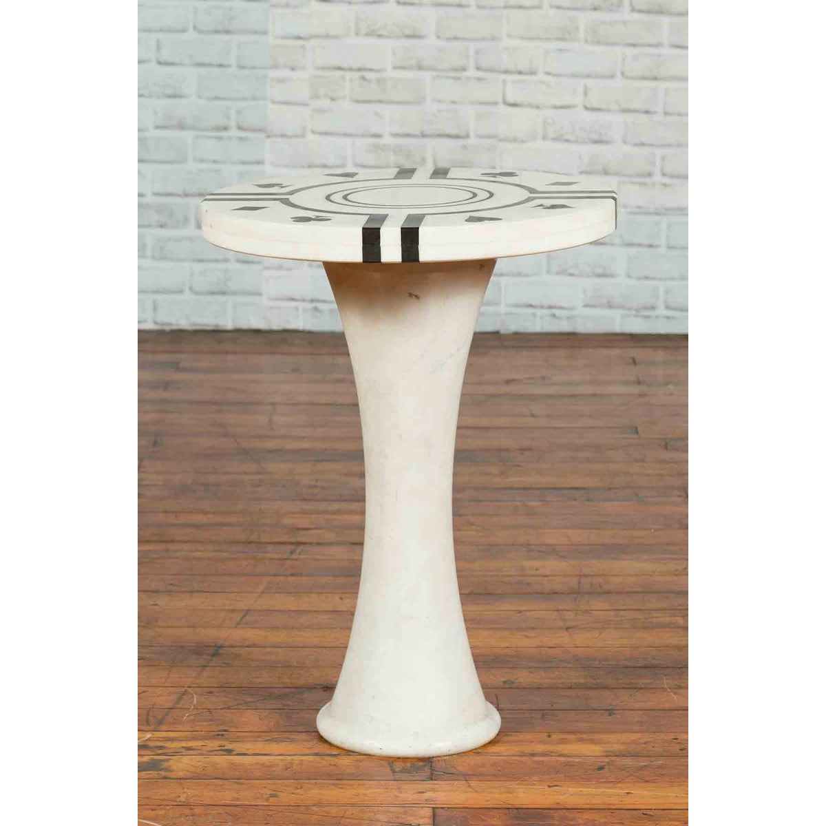 White Marble Side Table with Poker Design Round Top and Pedestal Hourglass Base-8. Asian & Chinese Furniture, Art, Antiques, Vintage Home Décor for sale at FEA Home