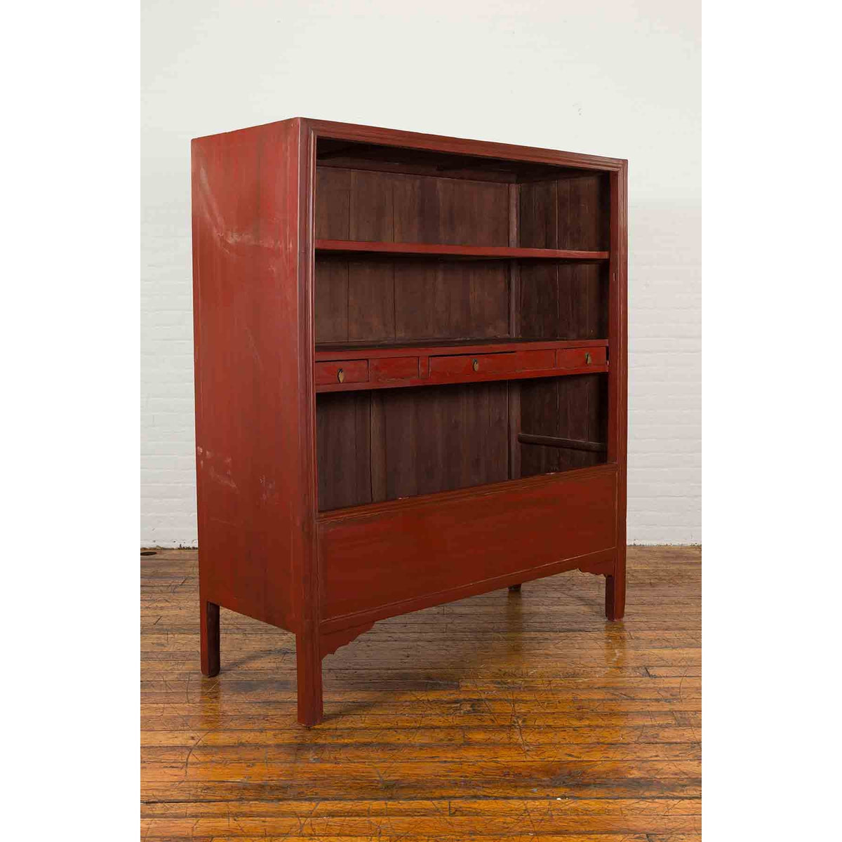 Chinese Early 20th Century Red Lacquered Display Cabinet with Three Drawers-4. Asian & Chinese Furniture, Art, Antiques, Vintage Home Décor for sale at FEA Home