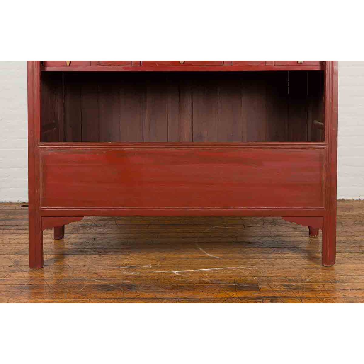 Chinese Early 20th Century Red Lacquered Display Cabinet with Three Drawers-9. Asian & Chinese Furniture, Art, Antiques, Vintage Home Décor for sale at FEA Home
