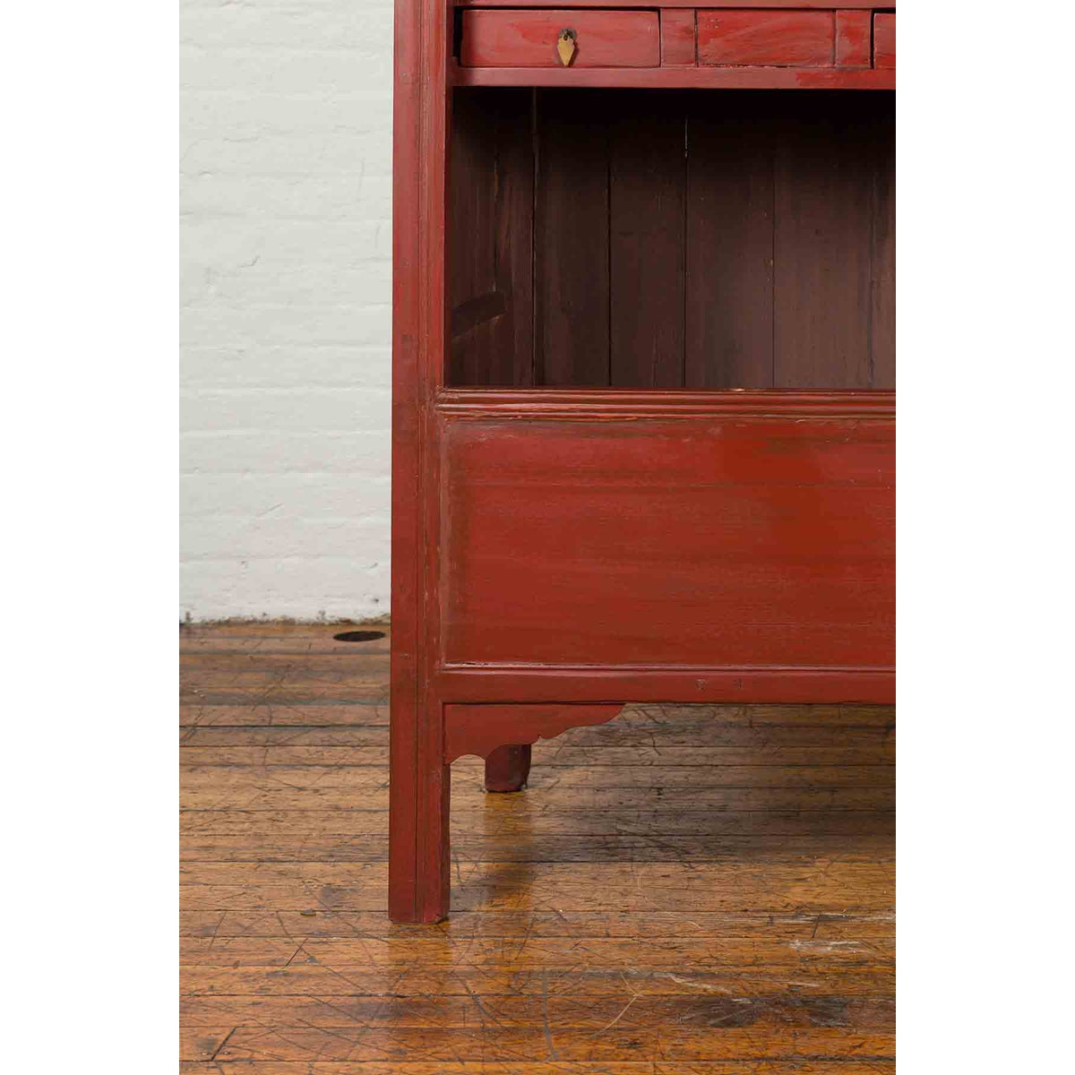 Chinese Early 20th Century Red Lacquered Display Cabinet with Three Drawers-10. Asian & Chinese Furniture, Art, Antiques, Vintage Home Décor for sale at FEA Home