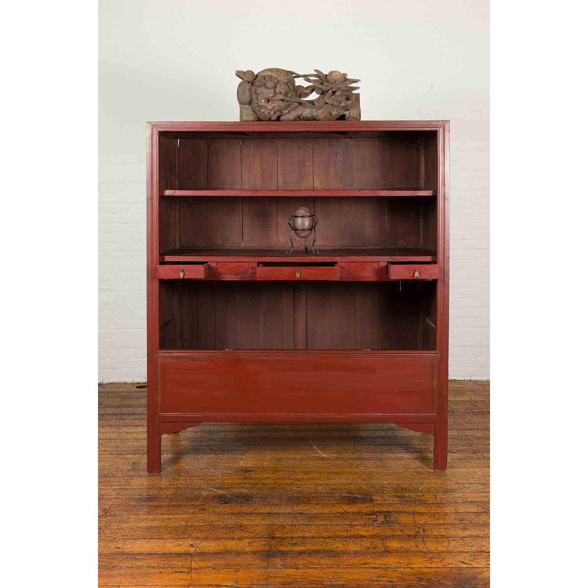 Chinese Early 20th Century Red Lacquered Display Cabinet with Three Drawers-3. Asian & Chinese Furniture, Art, Antiques, Vintage Home Décor for sale at FEA Home