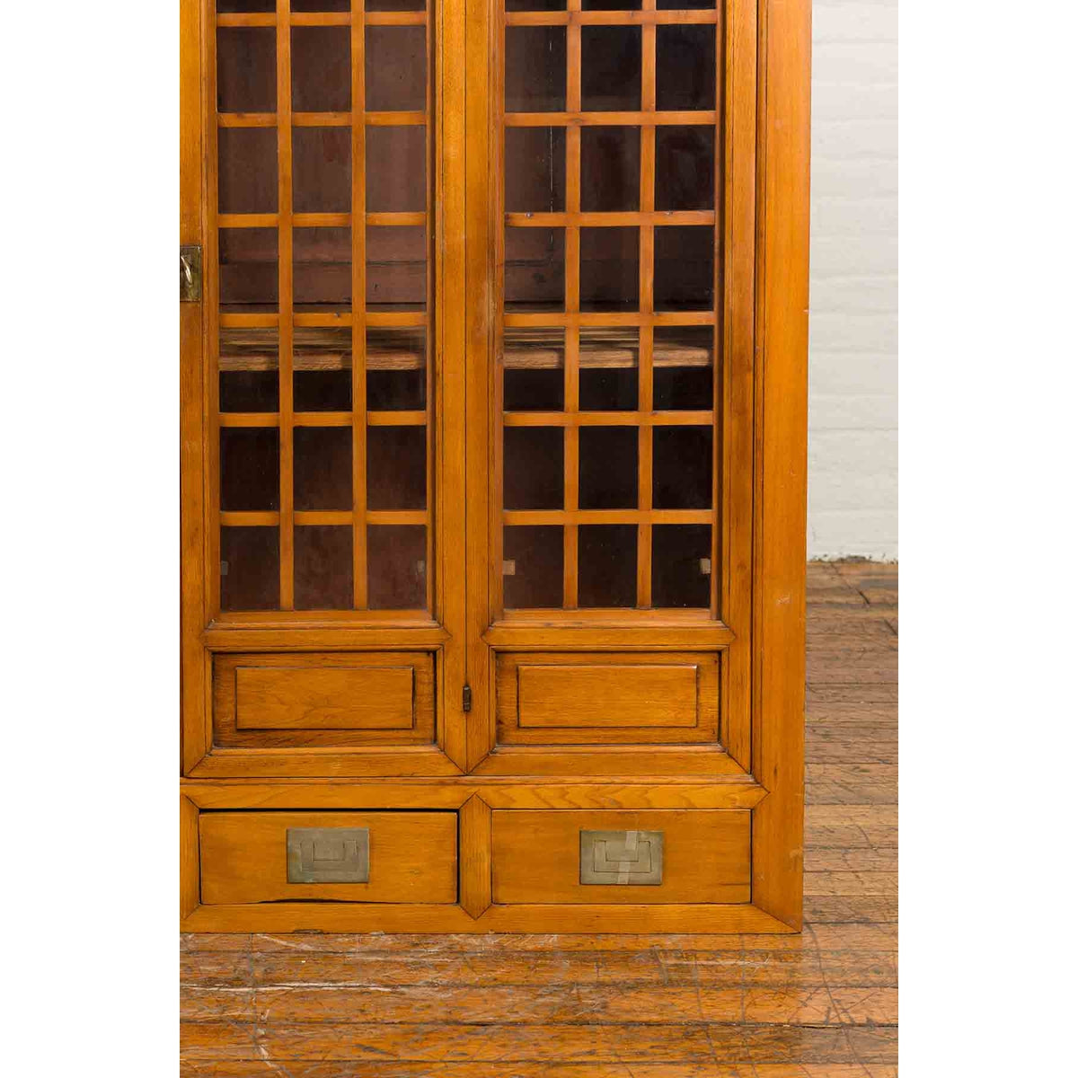 Chinese Vintage Display Cabinet with Paneled Glass Doors and Four Drawers-8. Asian & Chinese Furniture, Art, Antiques, Vintage Home Décor for sale at FEA Home