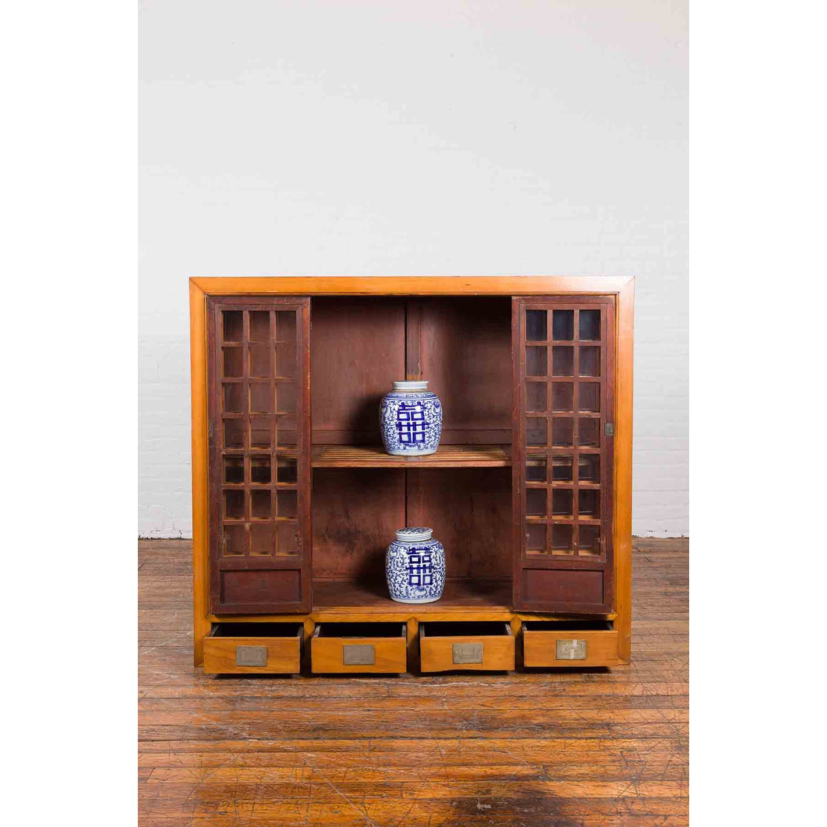 Chinese Vintage Display Cabinet with Paneled Glass Doors and Four Drawers-3. Asian & Chinese Furniture, Art, Antiques, Vintage Home Décor for sale at FEA Home