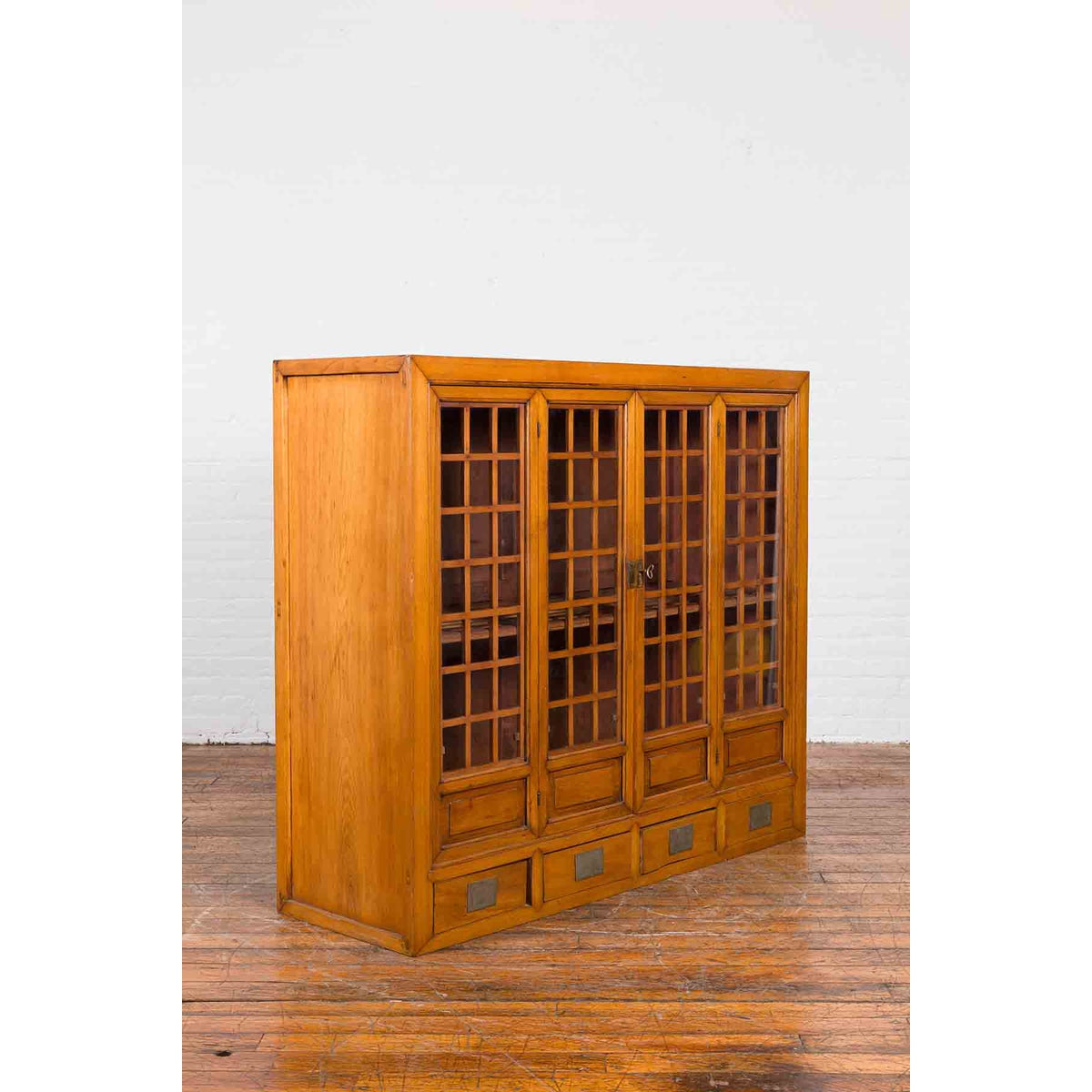 Chinese Vintage Display Cabinet with Paneled Glass Doors and Four Drawers-4. Asian & Chinese Furniture, Art, Antiques, Vintage Home Décor for sale at FEA Home