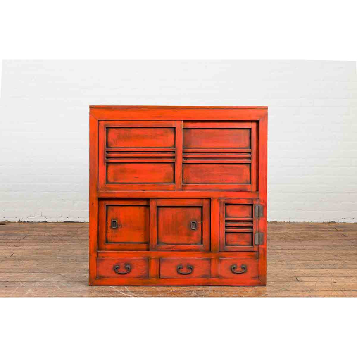 Japanese 19th Century Meiji Period Red Cabinet with Sliding Doors and Drawers-4. Asian & Chinese Furniture, Art, Antiques, Vintage Home Décor for sale at FEA Home