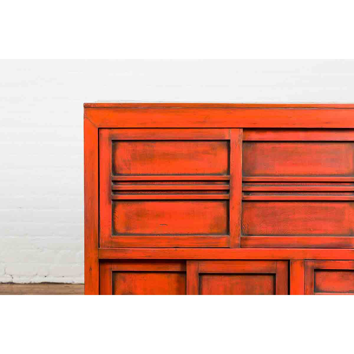 Japanese 19th Century Meiji Period Red Cabinet with Sliding Doors and Drawers-5. Asian & Chinese Furniture, Art, Antiques, Vintage Home Décor for sale at FEA Home