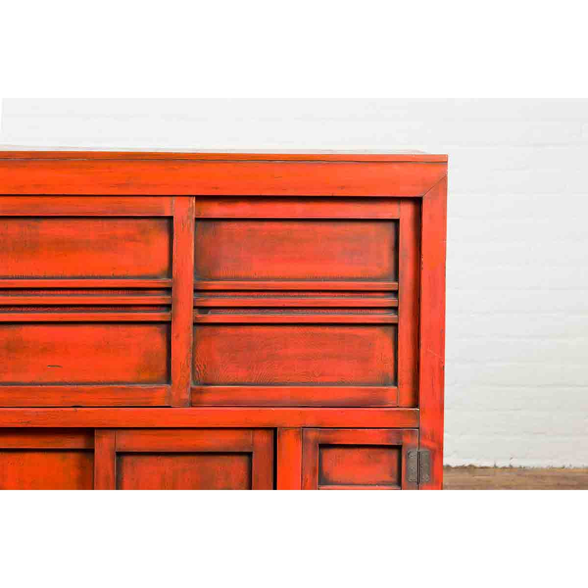 Japanese 19th Century Meiji Period Red Cabinet with Sliding Doors and Drawers-6. Asian & Chinese Furniture, Art, Antiques, Vintage Home Décor for sale at FEA Home