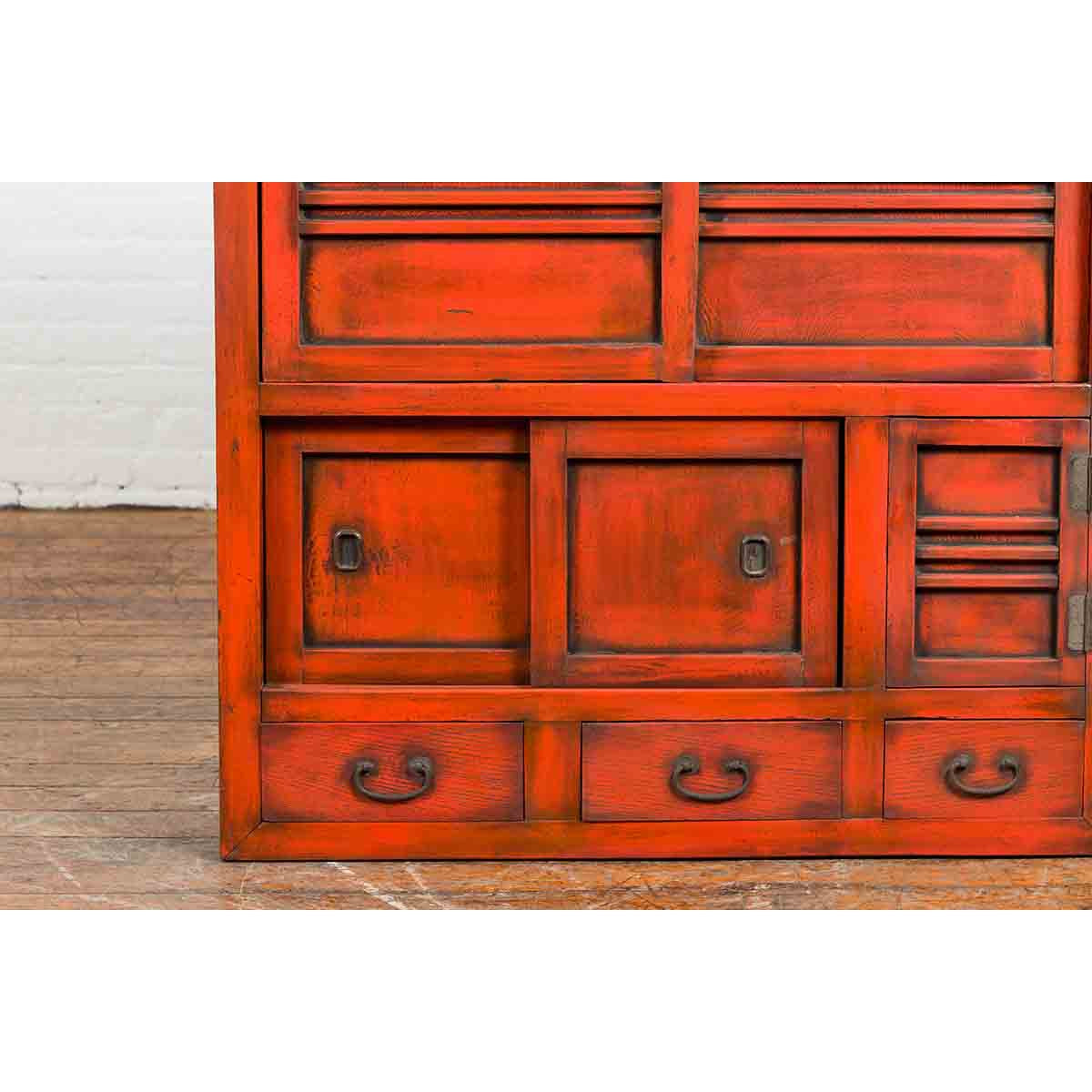 Japanese 19th Century Meiji Period Red Cabinet with Sliding Doors and Drawers-7. Asian & Chinese Furniture, Art, Antiques, Vintage Home Décor for sale at FEA Home