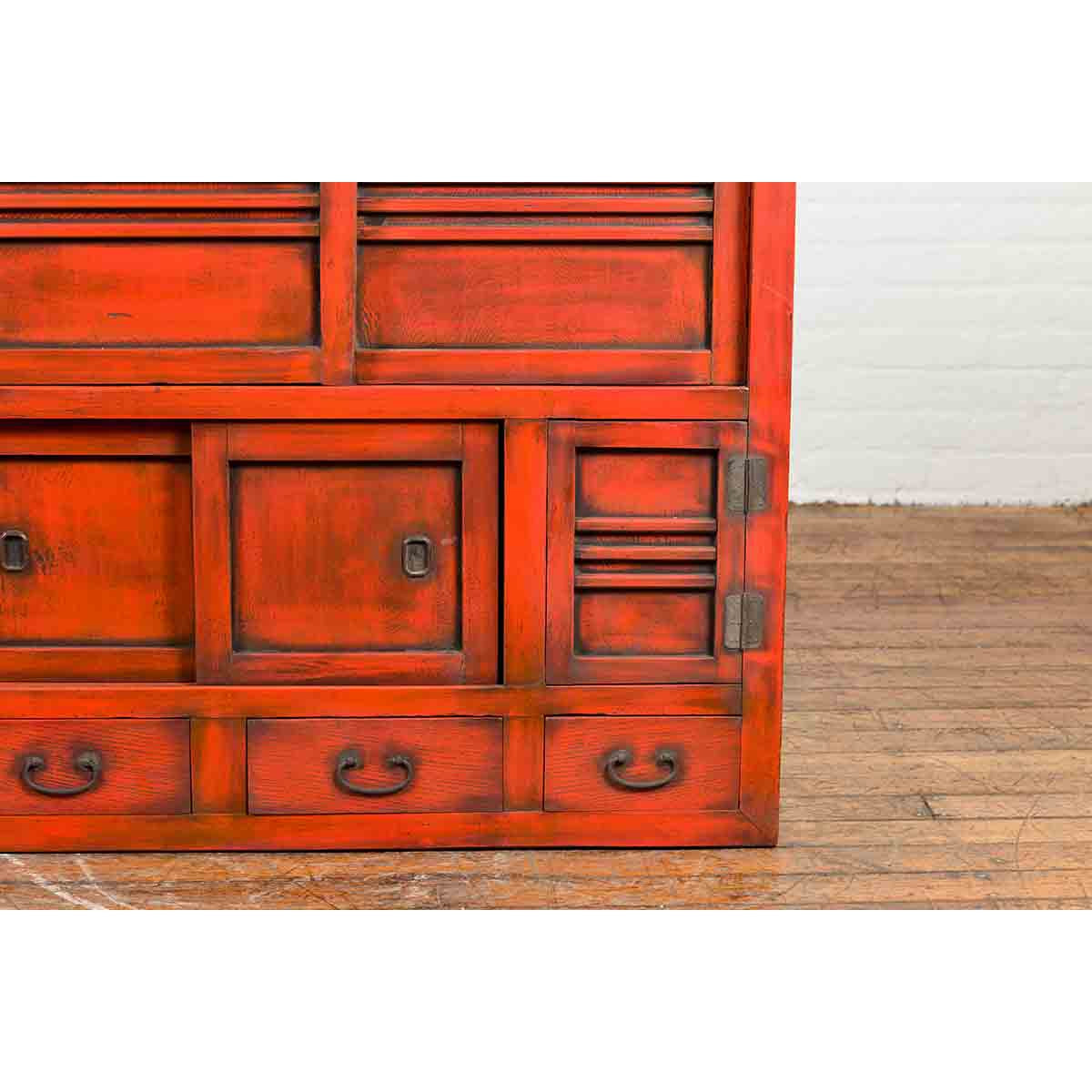 Japanese 19th Century Meiji Period Red Cabinet with Sliding Doors and Drawers-8. Asian & Chinese Furniture, Art, Antiques, Vintage Home Décor for sale at FEA Home