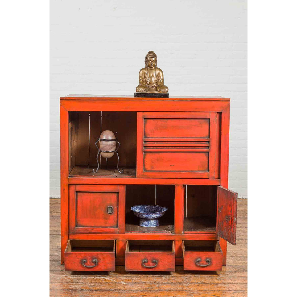 Japanese 19th Century Meiji Period Red Cabinet with Sliding Doors and Drawers-3. Asian & Chinese Furniture, Art, Antiques, Vintage Home Décor for sale at FEA Home