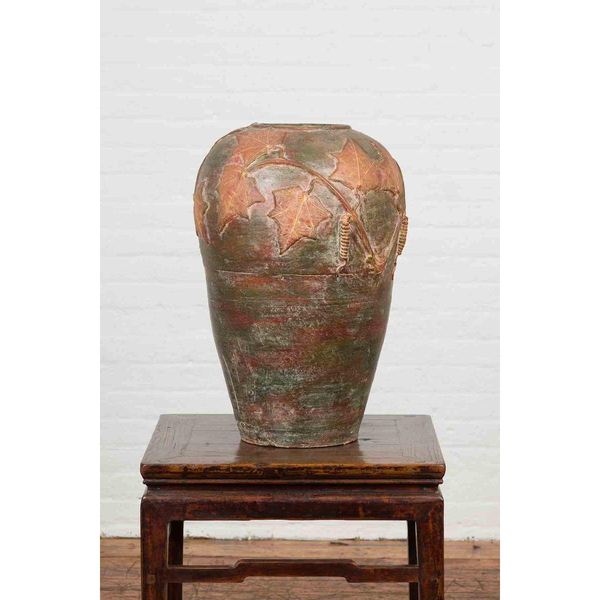 Vintage Thai Garden Vase with Vine Leaves Motifs, Orange and Green Tones-11. Asian & Chinese Furniture, Art, Antiques, Vintage Home Décor for sale at FEA Home