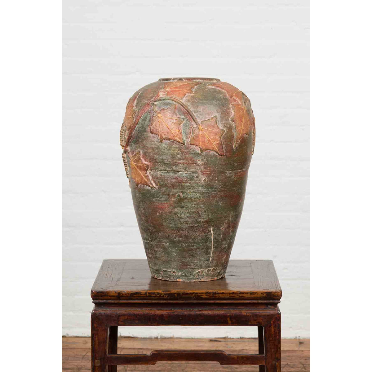 Vintage Thai Garden Vase with Vine Leaves Motifs, Orange and Green Tones-12. Asian & Chinese Furniture, Art, Antiques, Vintage Home Décor for sale at FEA Home