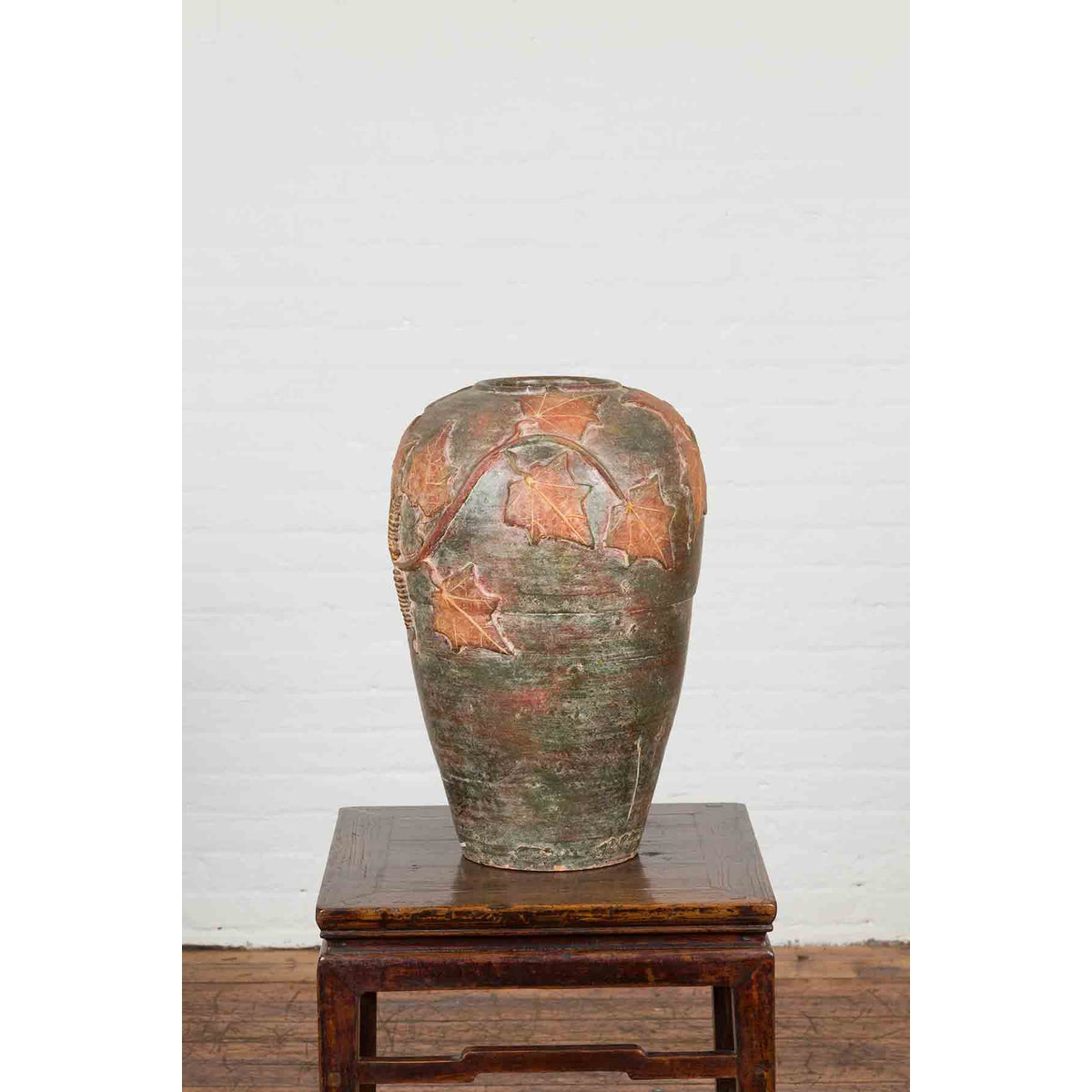 Vintage Thai Garden Vase with Vine Leaves Motifs, Orange and Green Tones-4. Asian & Chinese Furniture, Art, Antiques, Vintage Home Décor for sale at FEA Home