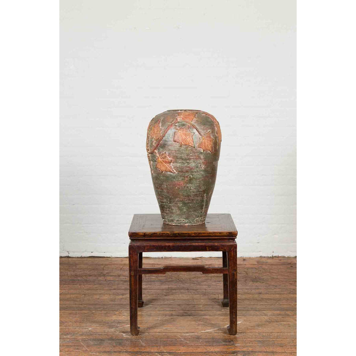 Vintage Thai Garden Vase with Vine Leaves Motifs, Orange and Green Tones-5. Asian & Chinese Furniture, Art, Antiques, Vintage Home Décor for sale at FEA Home