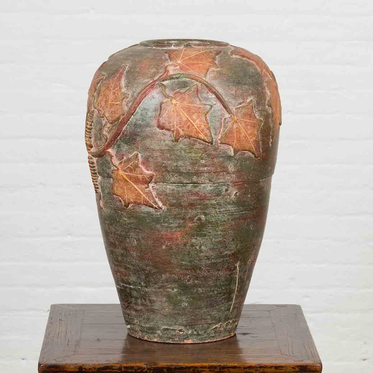Vintage Thai Garden Vase with Vine Leaves Motifs, Orange and Green Tones-2. Asian & Chinese Furniture, Art, Antiques, Vintage Home Décor for sale at FEA Home