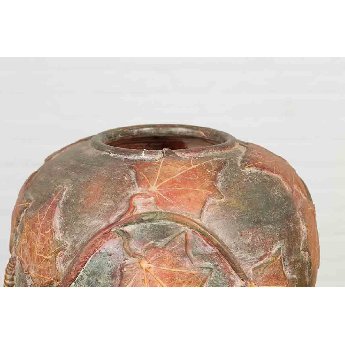 Vintage Thai Garden Vase with Vine Leaves Motifs, Orange and Green Tones-6. Asian & Chinese Furniture, Art, Antiques, Vintage Home Décor for sale at FEA Home