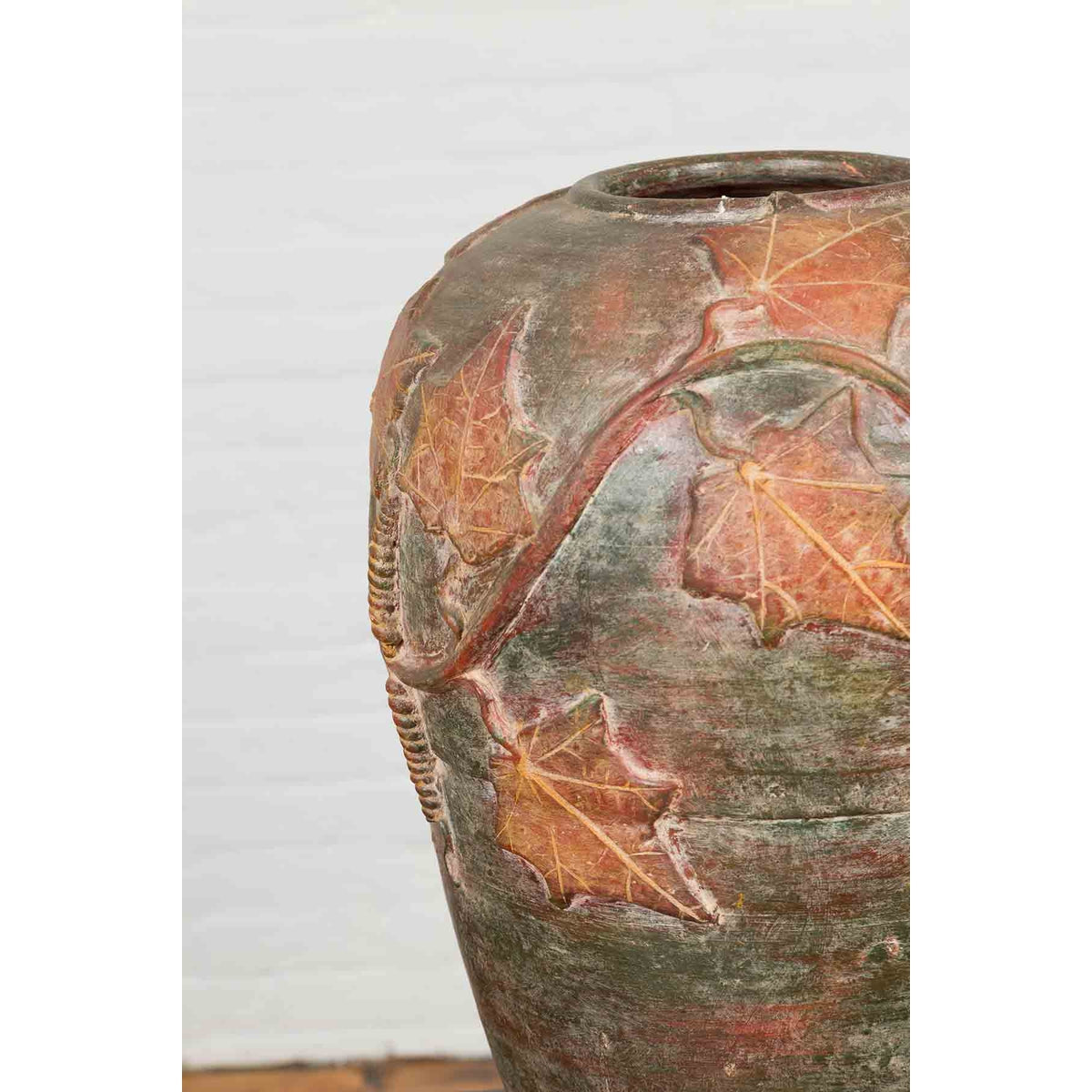 Vintage Thai Garden Vase with Vine Leaves Motifs, Orange and Green Tones-7. Asian & Chinese Furniture, Art, Antiques, Vintage Home Décor for sale at FEA Home