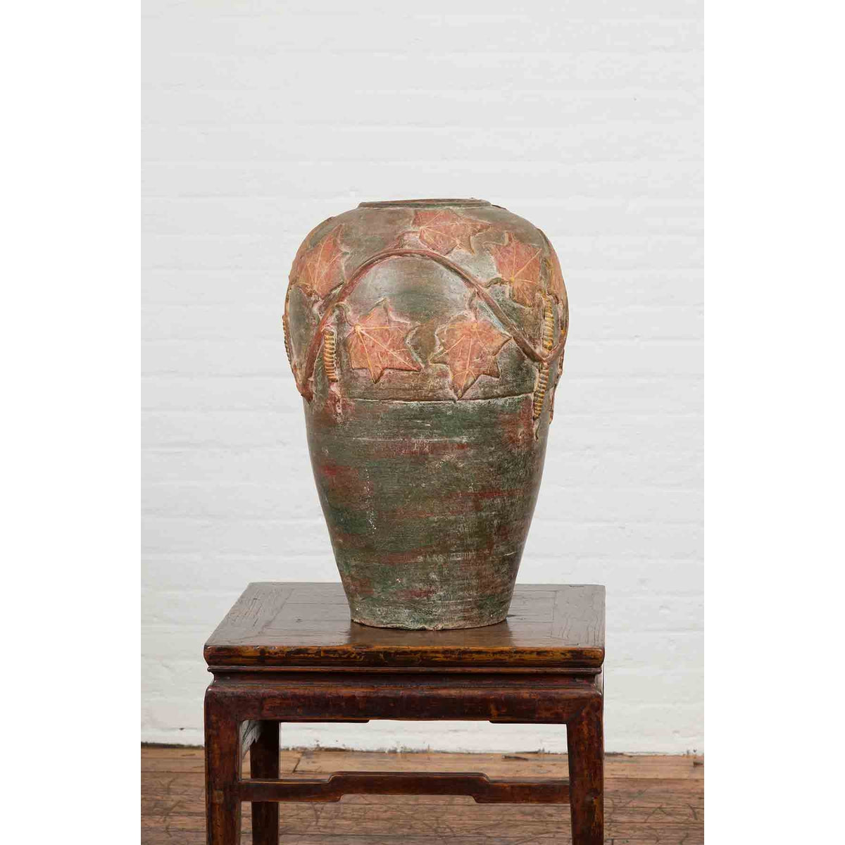 Vintage Thai Garden Vase with Vine Leaves Motifs, Orange and Green Tones-10. Asian & Chinese Furniture, Art, Antiques, Vintage Home Décor for sale at FEA Home