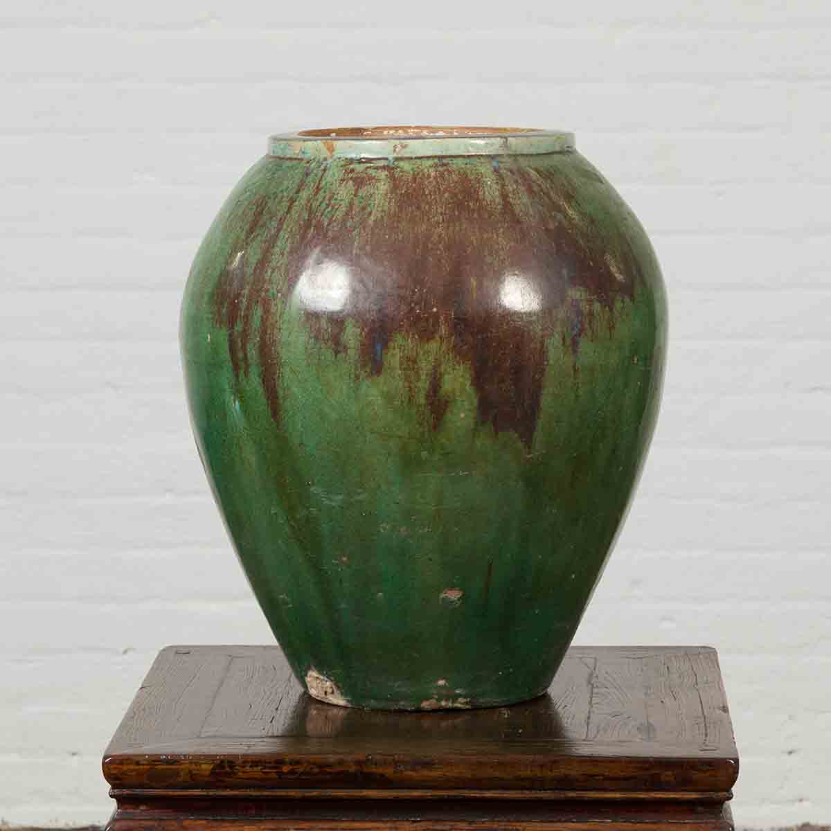 Antique Thai Garden Vase with Distressed Verde Patina and Brown Drip Glaze-2. Asian & Chinese Furniture, Art, Antiques, Vintage Home Décor for sale at FEA Home
