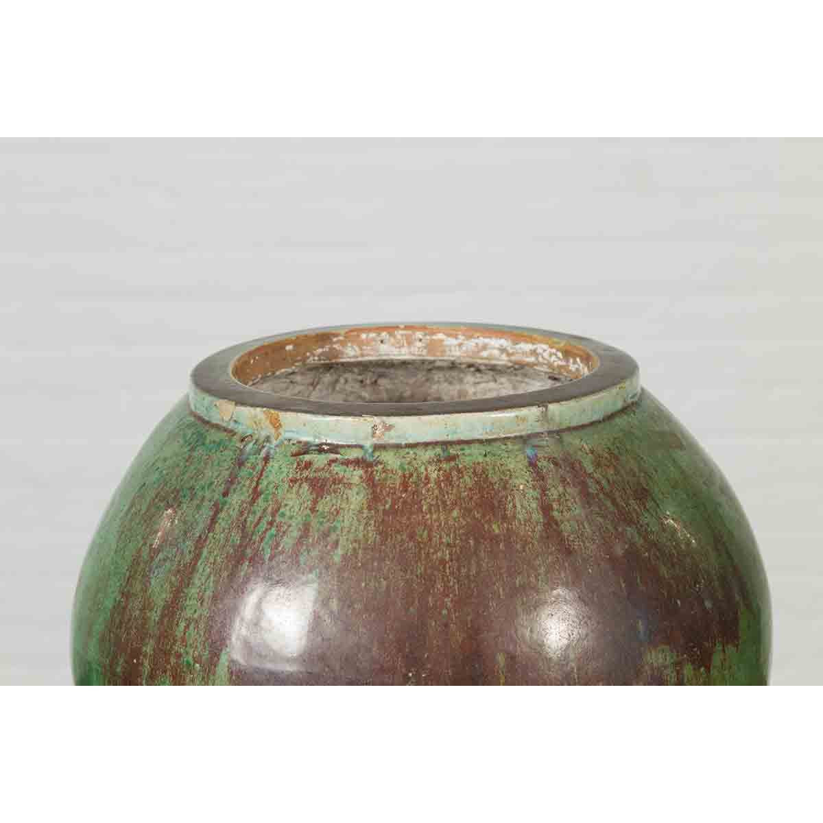 Antique Thai Garden Vase with Distressed Verde Patina and Brown Drip Glaze-3. Asian & Chinese Furniture, Art, Antiques, Vintage Home Décor for sale at FEA Home