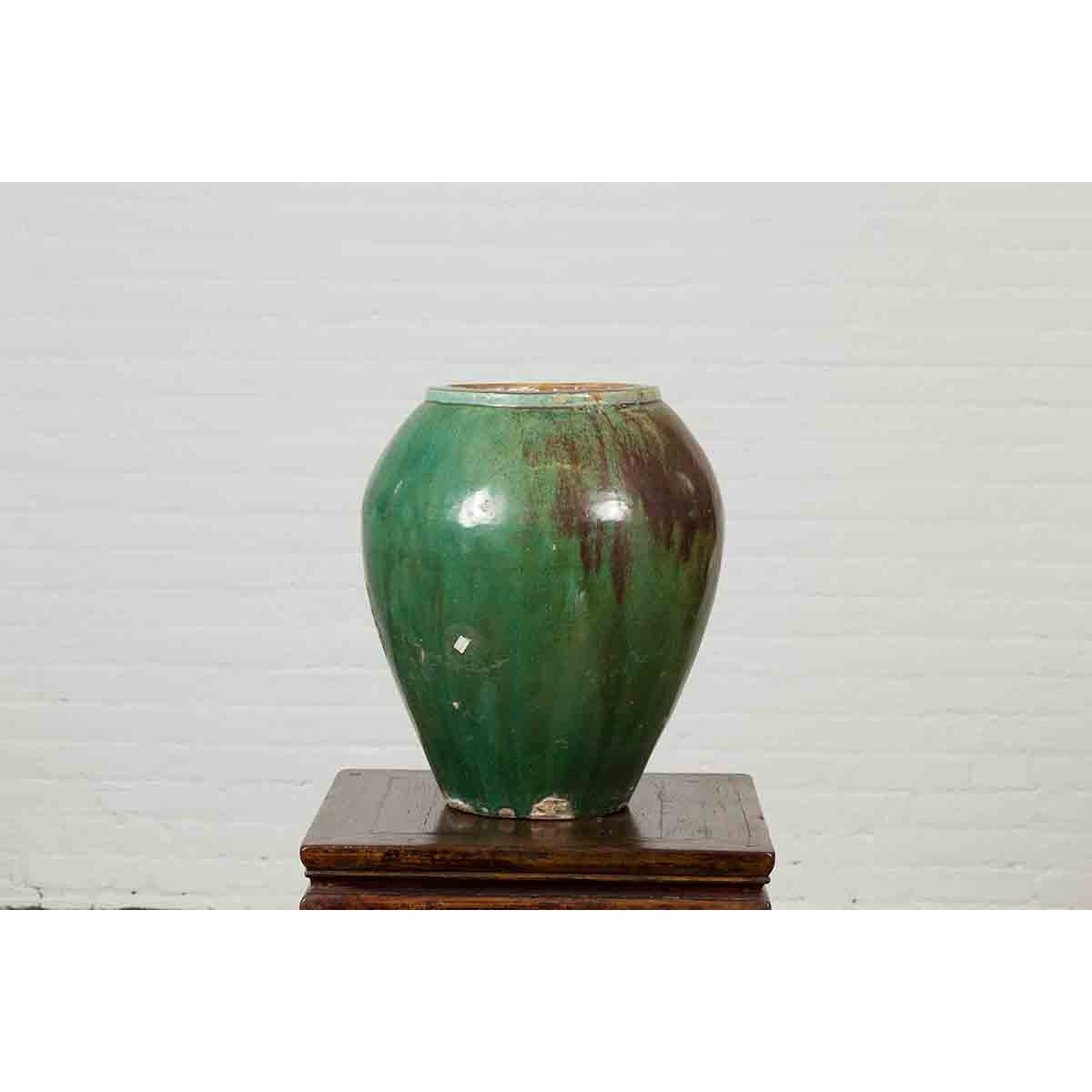 Antique Thai Garden Vase with Distressed Verde Patina and Brown Drip Glaze-6. Asian & Chinese Furniture, Art, Antiques, Vintage Home Décor for sale at FEA Home