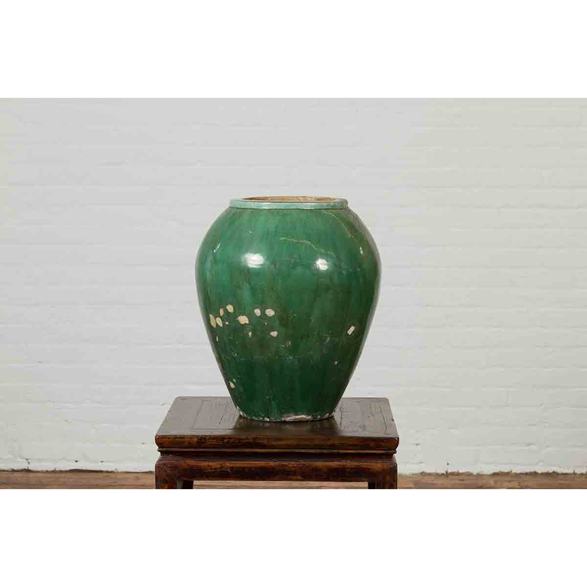 Antique Thai Garden Vase with Distressed Verde Patina and Brown Drip Glaze-7. Asian & Chinese Furniture, Art, Antiques, Vintage Home Décor for sale at FEA Home