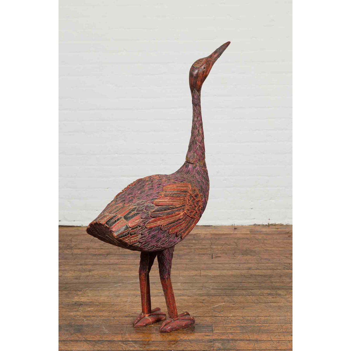 Indonesian Hand Carved Heron Sculpture with Purple, Orange and Black Tones-3. Asian & Chinese Furniture, Art, Antiques, Vintage Home Décor for sale at FEA Home