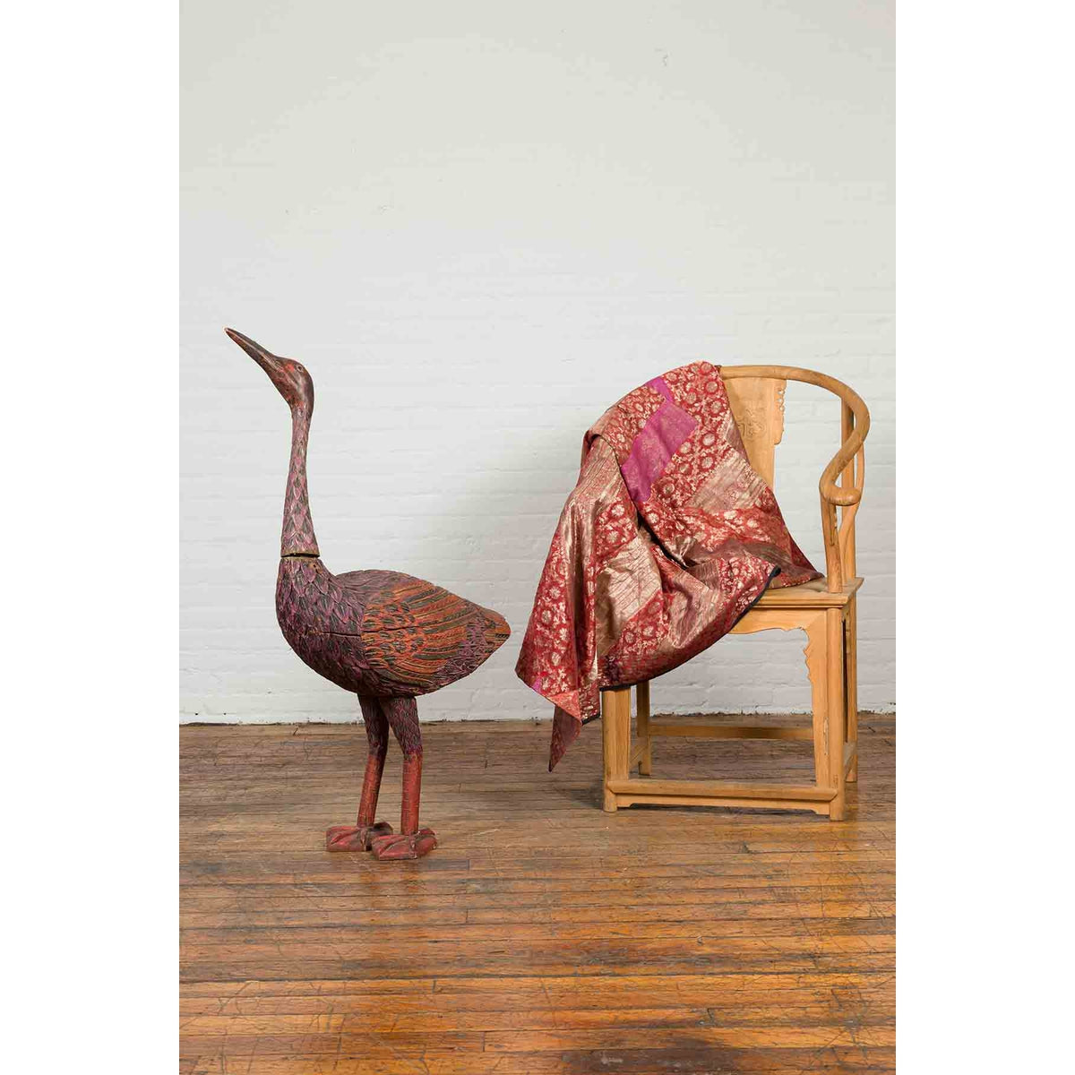 Indonesian Hand Carved Heron Sculpture with Purple, Orange and Black Tones-5. Asian & Chinese Furniture, Art, Antiques, Vintage Home Décor for sale at FEA Home