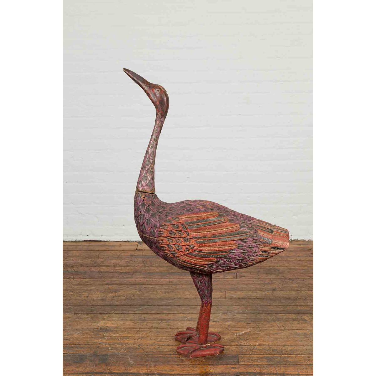 Indonesian Hand Carved Heron Sculpture with Purple, Orange and Black Tones-9. Asian & Chinese Furniture, Art, Antiques, Vintage Home Décor for sale at FEA Home
