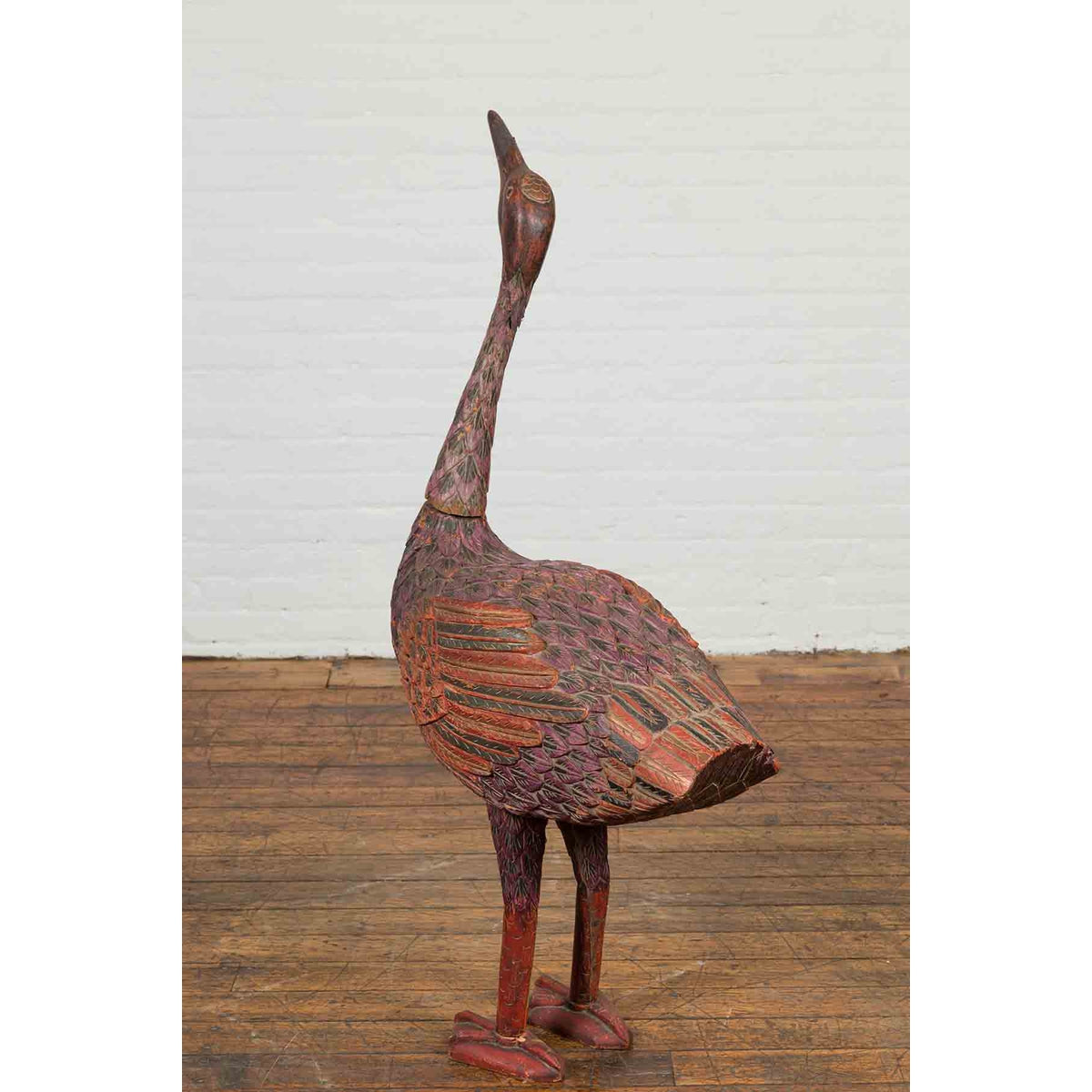 Indonesian Hand Carved Heron Sculpture with Purple, Orange and Black Tones-11. Asian & Chinese Furniture, Art, Antiques, Vintage Home Décor for sale at FEA Home