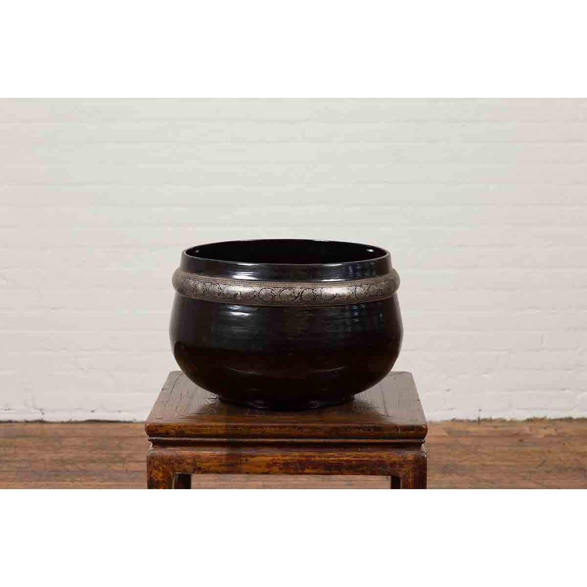 Burmese Vintage Black Lacquer Bowl with Silver Toned Frieze of Palmettes-3. Asian & Chinese Furniture, Art, Antiques, Vintage Home Décor for sale at FEA Home