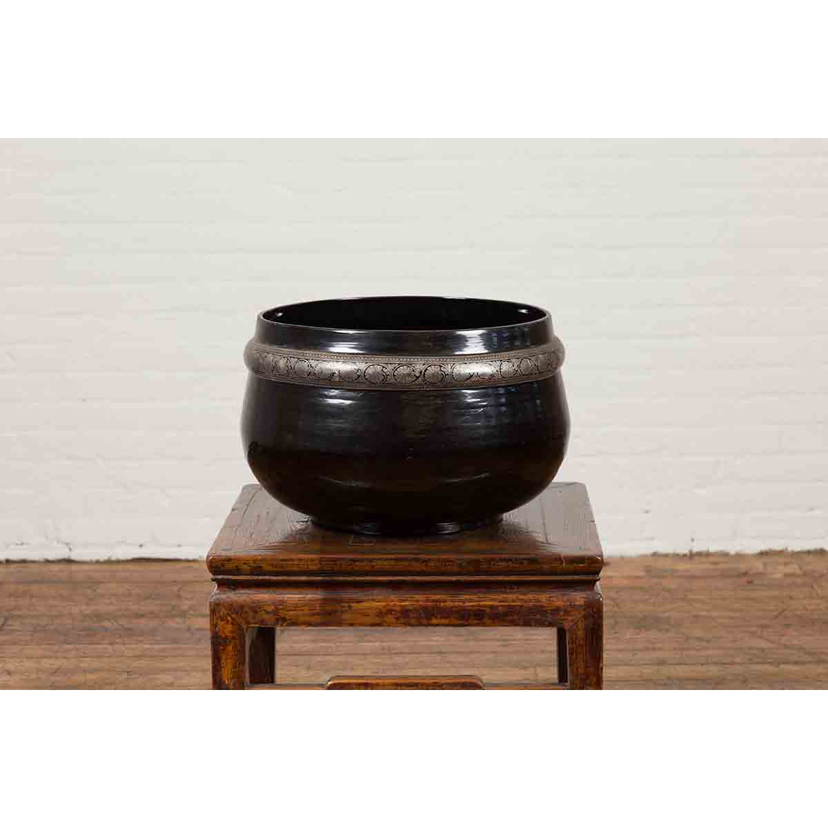 Burmese Vintage Black Lacquer Bowl with Silver Toned Frieze of Palmettes-5. Asian & Chinese Furniture, Art, Antiques, Vintage Home Décor for sale at FEA Home