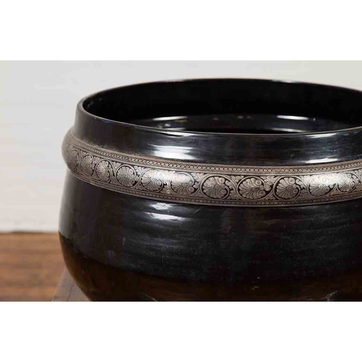 Burmese Vintage Black Lacquer Bowl with Silver Toned Frieze of Palmettes-7. Asian & Chinese Furniture, Art, Antiques, Vintage Home Décor for sale at FEA Home